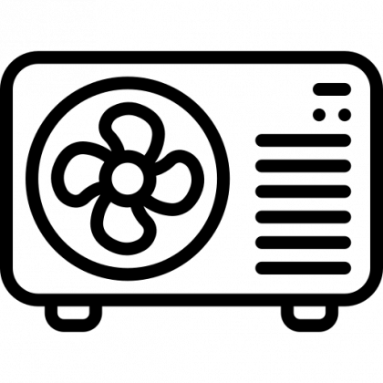 A black and white icon of an air conditioner with a fan.