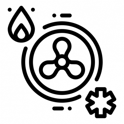 A black and white icon of a fan and a flower.