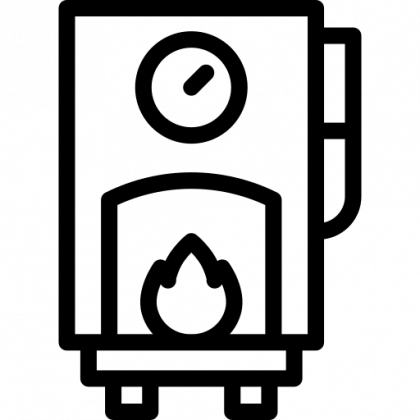 A black and white icon of a boiler with a fire inside of it.