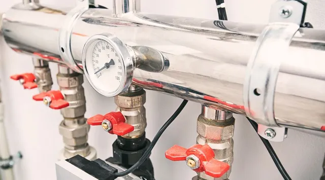 A close up of a stainless steel pipe with a gauge on top of it. Furnace services in Gresham OR