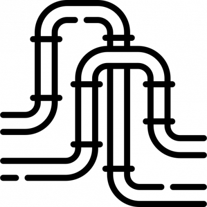 A black and white icon of a bunch of pipes connected to each other.