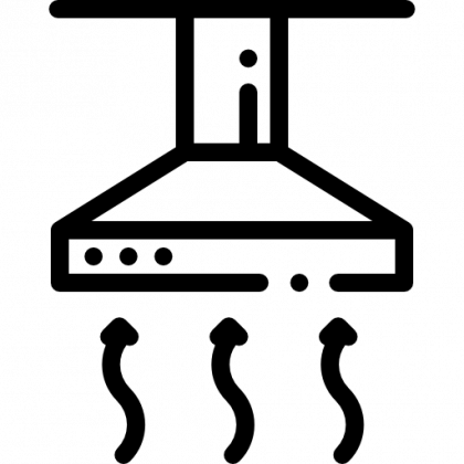A black and white icon of a hood with smoke coming out of it.