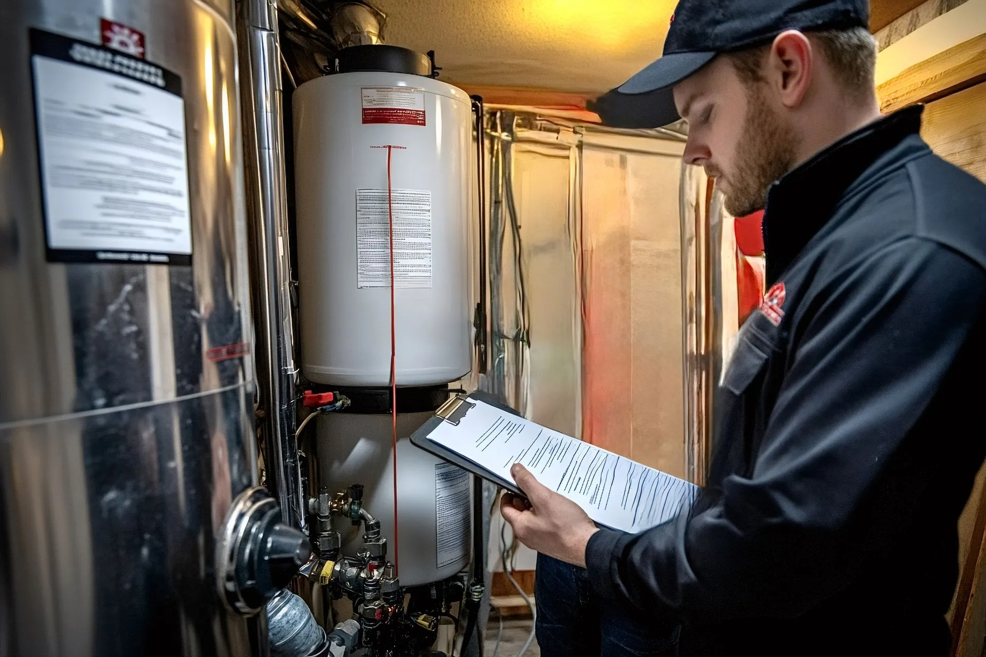 A man in a black cap and jacket inspects a water heater, reviewing a clipboard in a utility room.