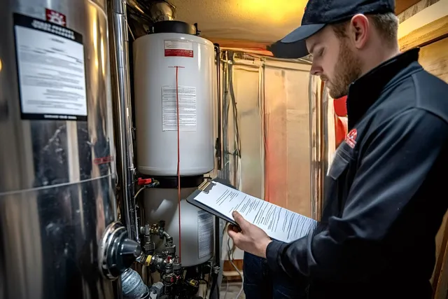 A man in a black cap and jacket inspects a water heater, reviewing a clipboard in a utility room.