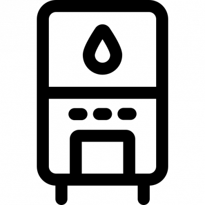 A black and white icon of a stove with a drop of water on it.